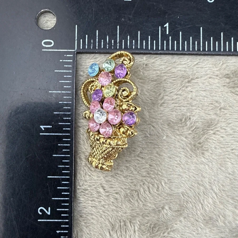 Vintage Rhinestone Brooch Flower‎ Basket Fruit Salad Gold Tone Pastel